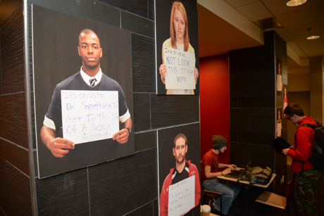 Posters in Seegers Union Light Lounge speaking out against sexual assault.